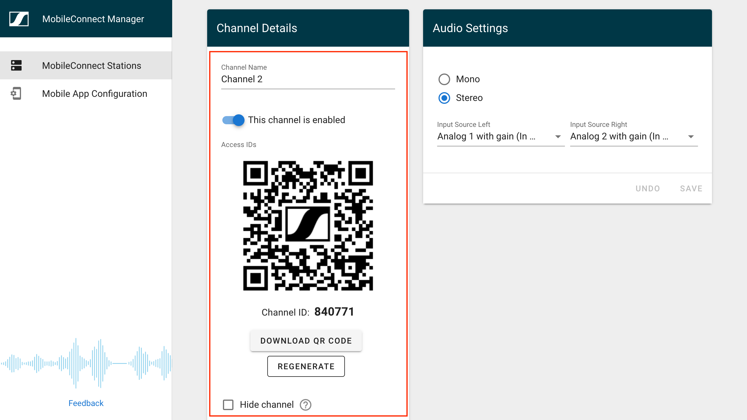 MobileConnect Manager Mode Audio Channel Setup - Channel Details