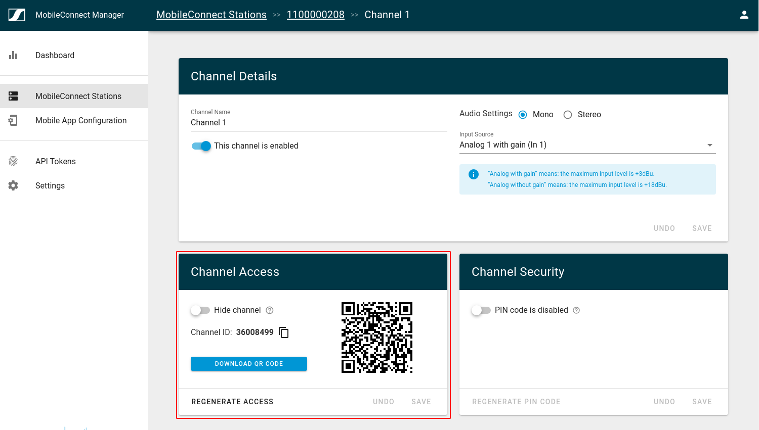 MobileConnect Manager Mode Audio Channel Setup - Channel Details